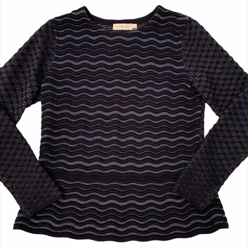 TORY BURCH Navy Copper Metallic Long Sleeve Peplum Long Sleeve Sweater Large